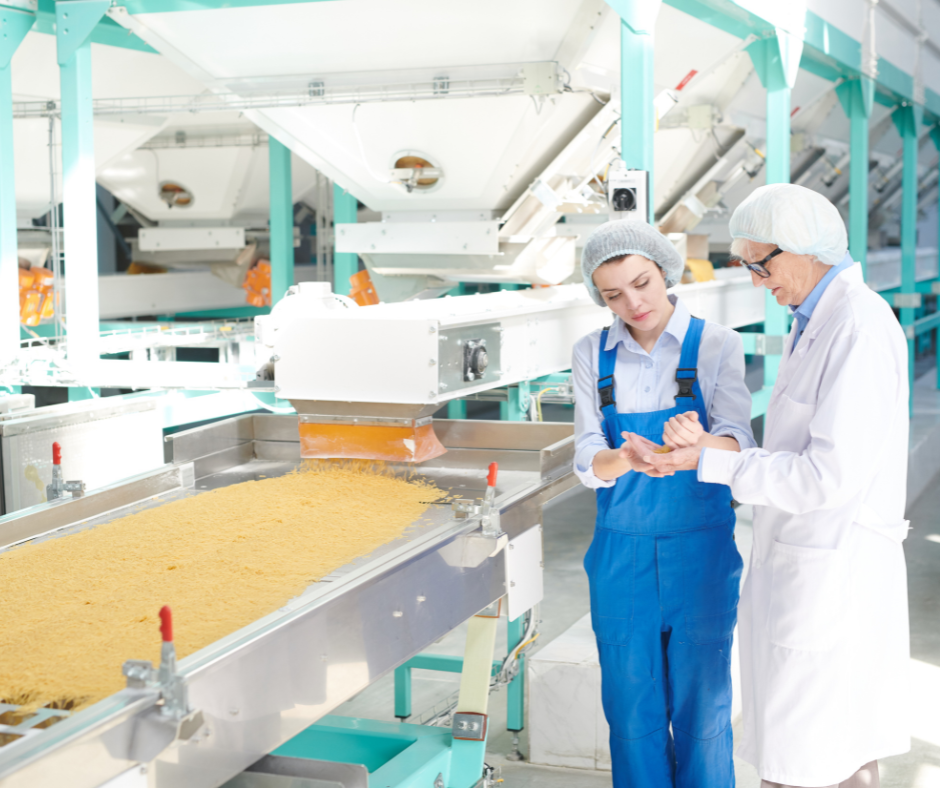 Factory workers reviewing quality control