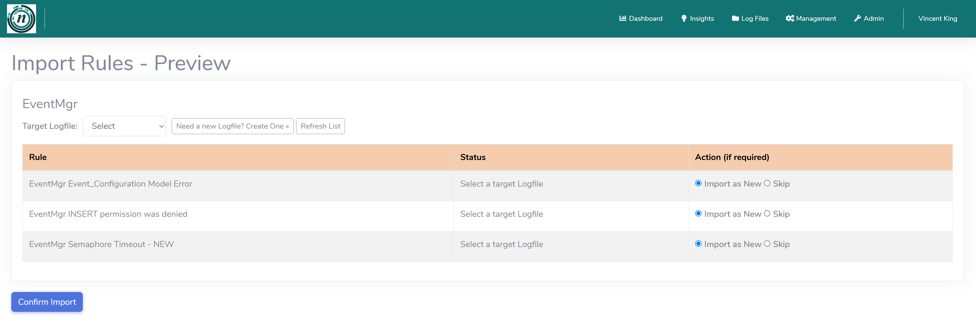 notifi Import Rules preview screen