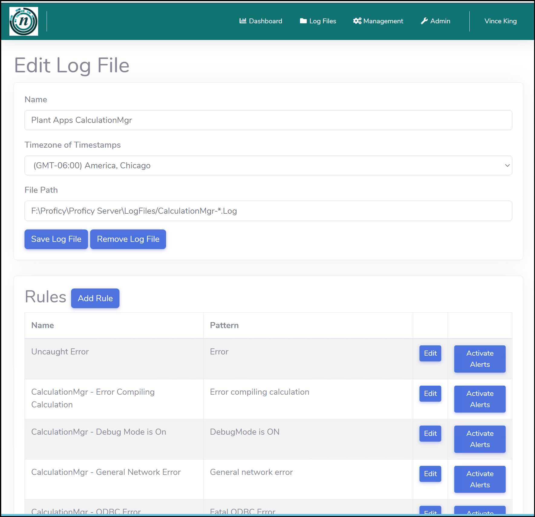 notifi log file configuration screen